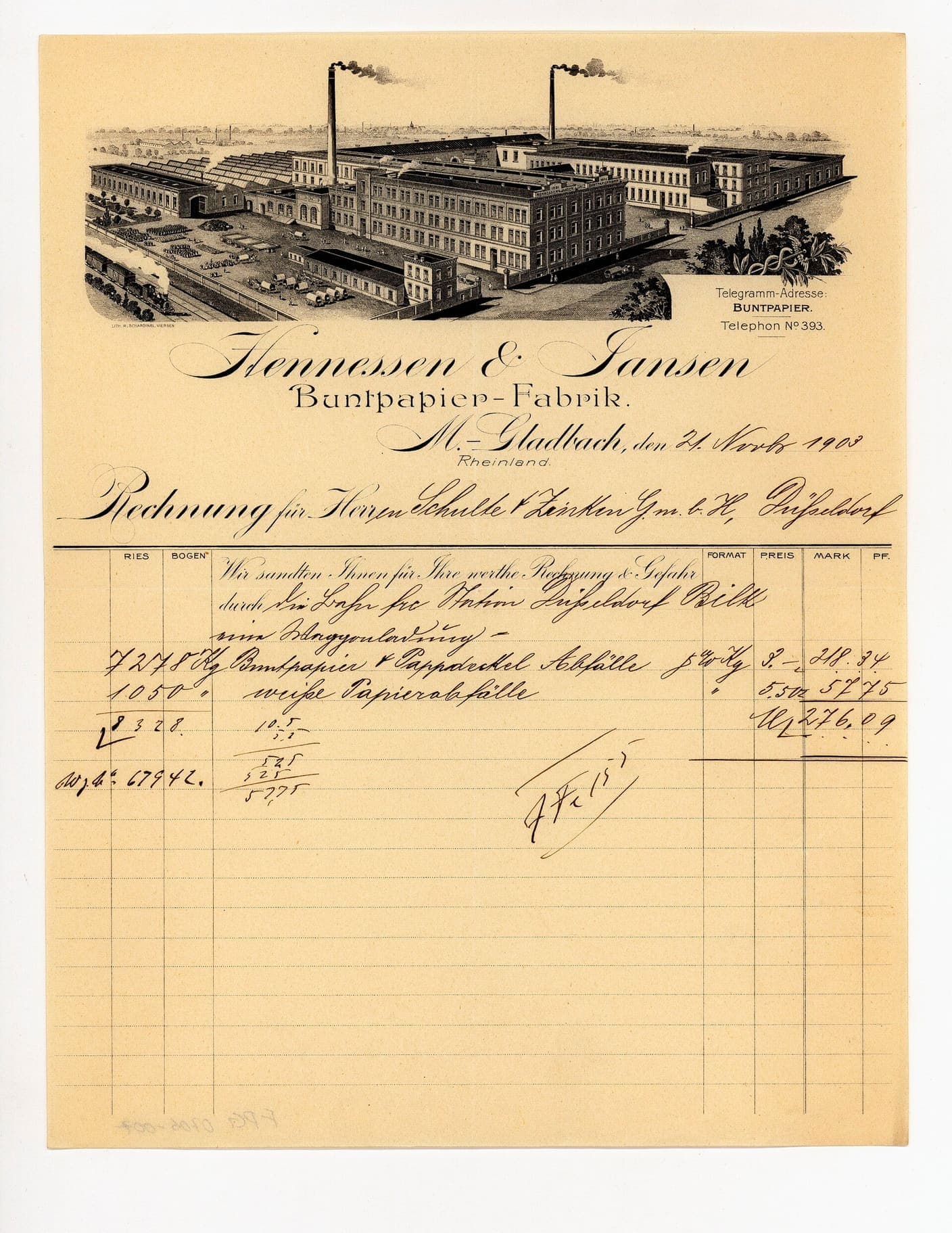A decorated-paper factory invoice dated 1903, with itemized charges and factory letterhead